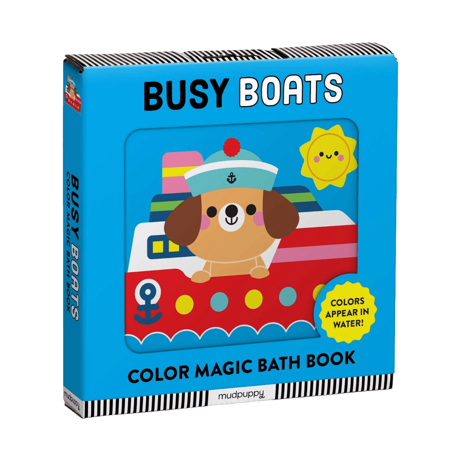 Color magic bath book titled 'Busy Boats' with a dog character on a blue background