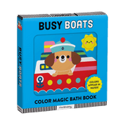 Color magic bath book titled 'Busy Boats' with a dog character on a blue background