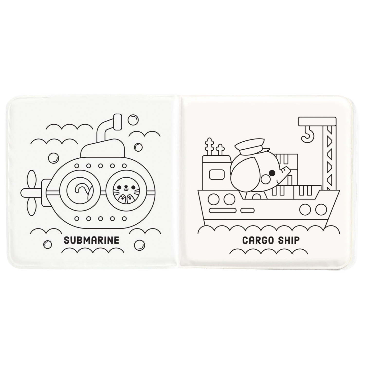 Coloring book open to pages with a submarine and cargo ship illustration.