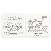 Coloring book open to pages with a submarine and cargo ship illustration.