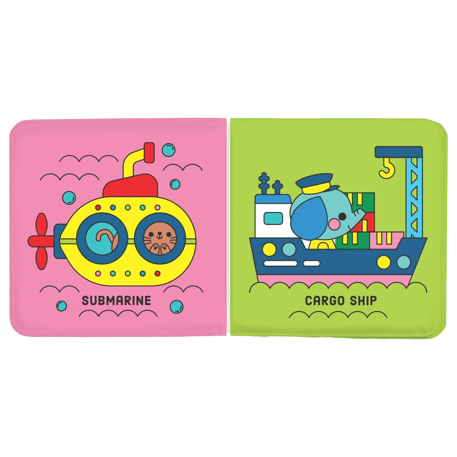 Two colorful illustrations of a submarine and a cargo ship on pink and green backgrounds.