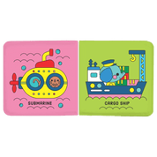 Two colorful illustrations of a submarine and a cargo ship on pink and green backgrounds.