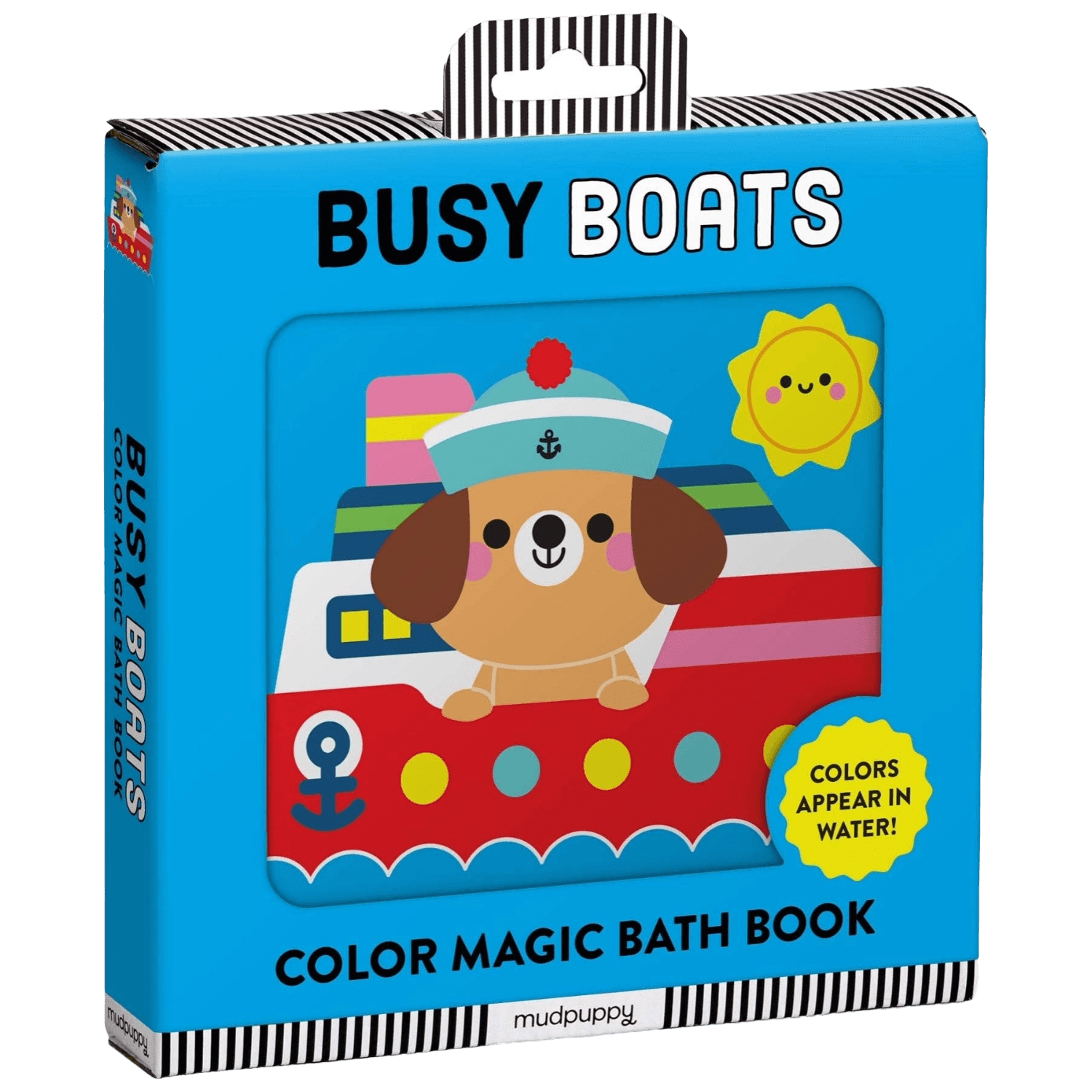 Color magic bath book packaging for 'Busy Boats' with a dog character on a boat.