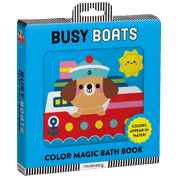 Color magic bath book packaging for 'Busy Boats' with a dog character on a boat.