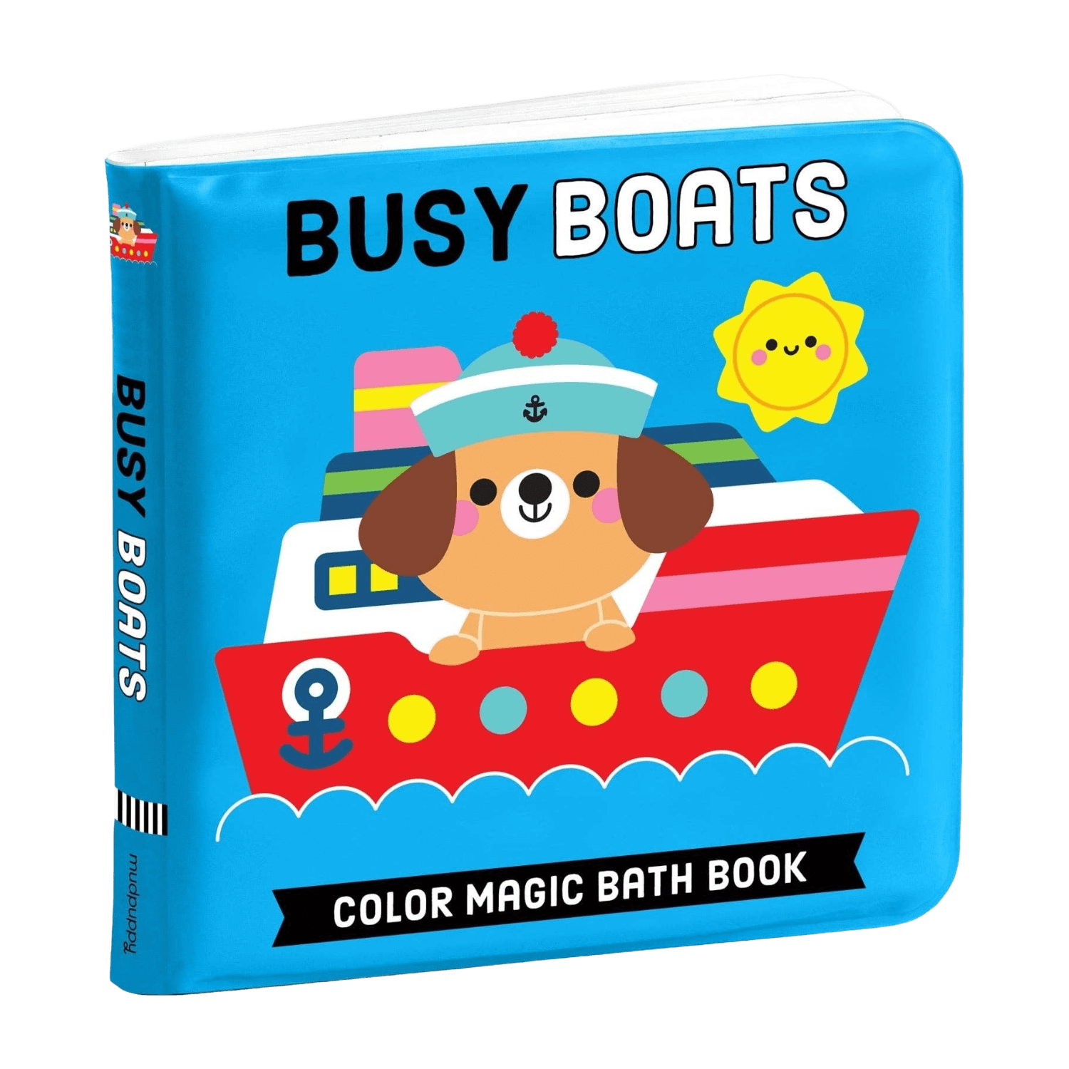 Colorful children's bath book titled 'Busy Boats' with a dog on a boat illustration.
