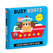 Colorful children's bath book titled 'Busy Boats' with a dog on a boat illustration.