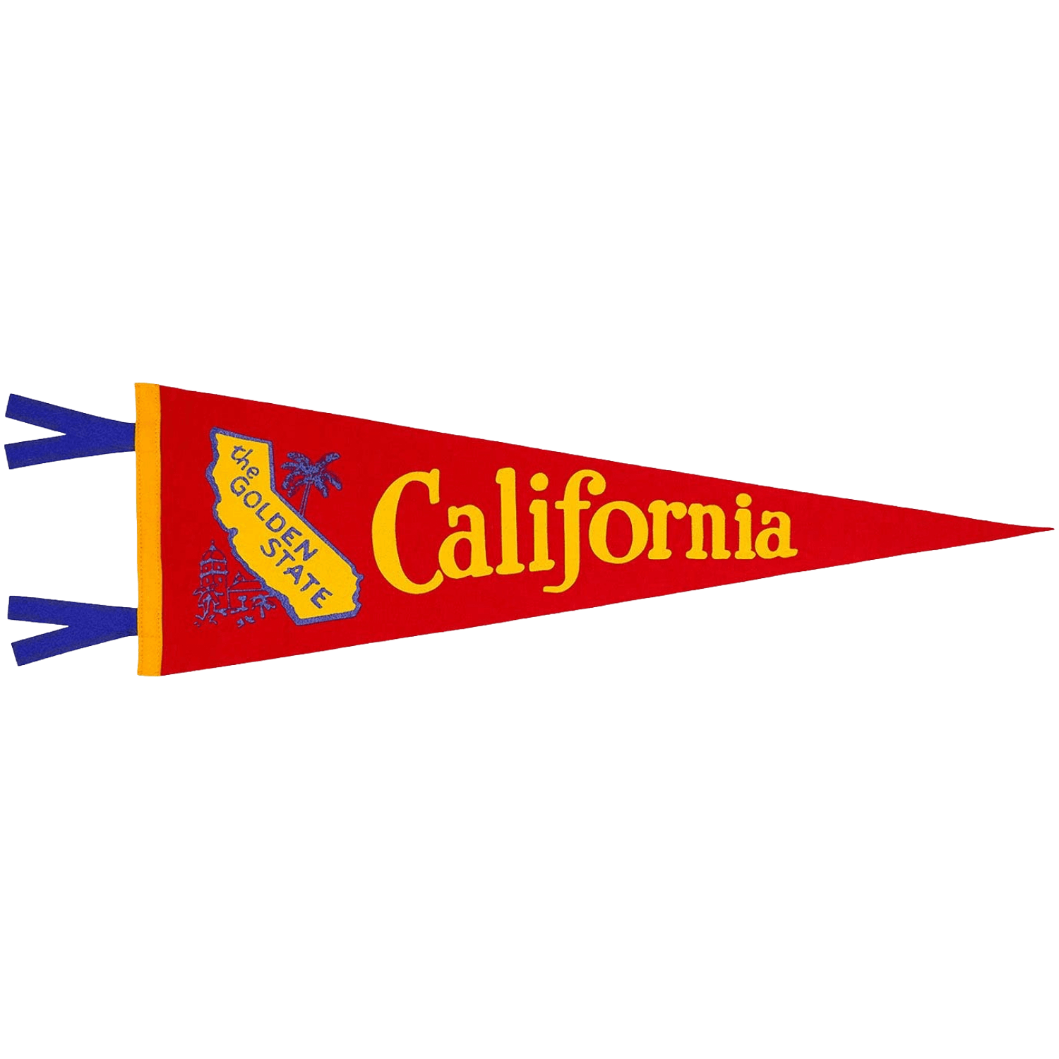 Red pennant with yellow 'California' text and state outline with blue accents.