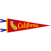Red pennant with yellow 'California' text and state outline with blue accents.