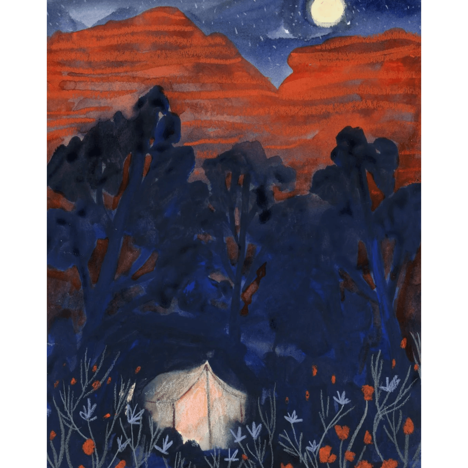 Painting of a desert landscape with an illuminated tent under a starry sky. With a full moon and red mountains.