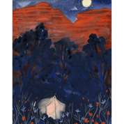 Painting of a desert landscape with an illuminated tent under a starry sky. With a full moon and red mountains.