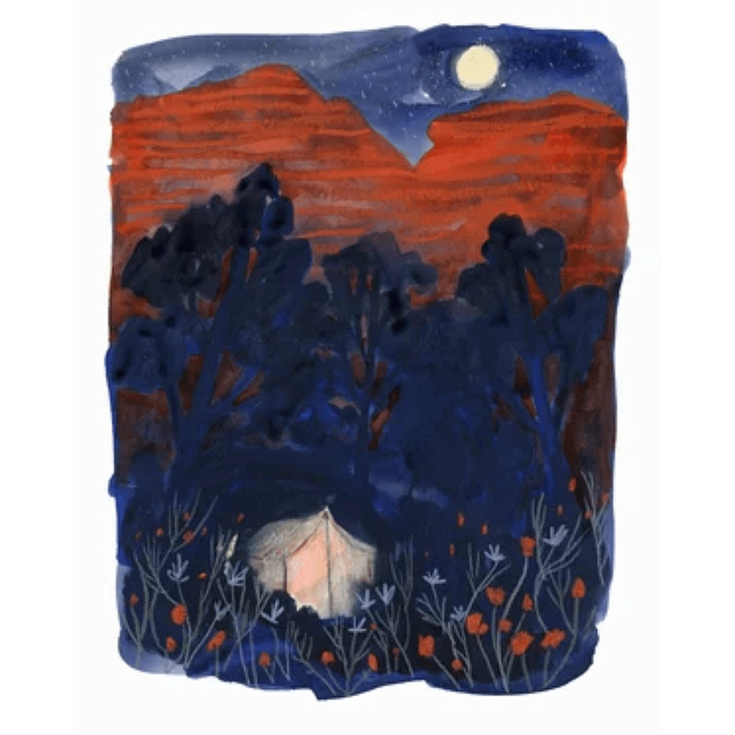 Illustration of a desert landscape at night, featuring mountains, a moon, and a illuminated tent.