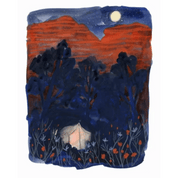 Illustration of a desert landscape at night, featuring mountains, a moon, and a illuminated tent.