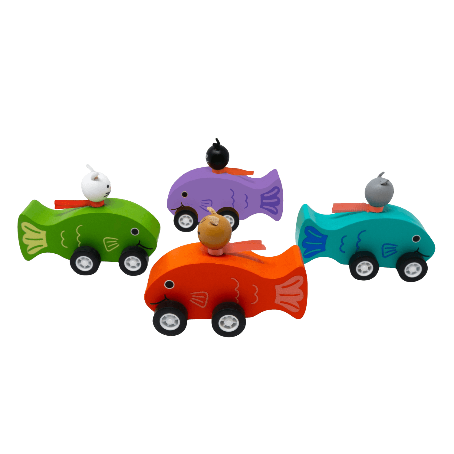 Four colorful toy fish cars with cat drivers.