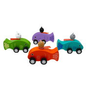 Four colorful toy fish cars with cat drivers.