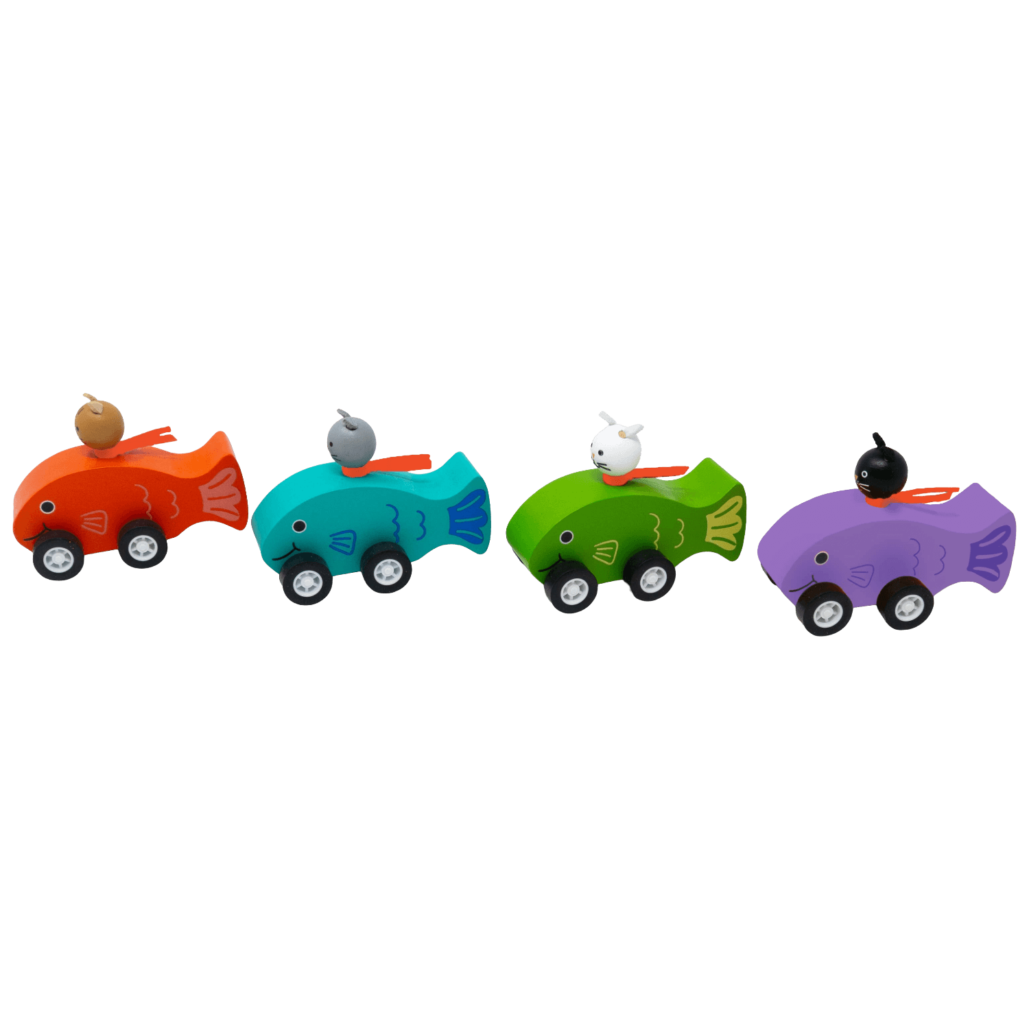 Four colorful toy fish cars with small cat figures driving.