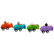 Four colorful toy fish cars with small cat figures driving.