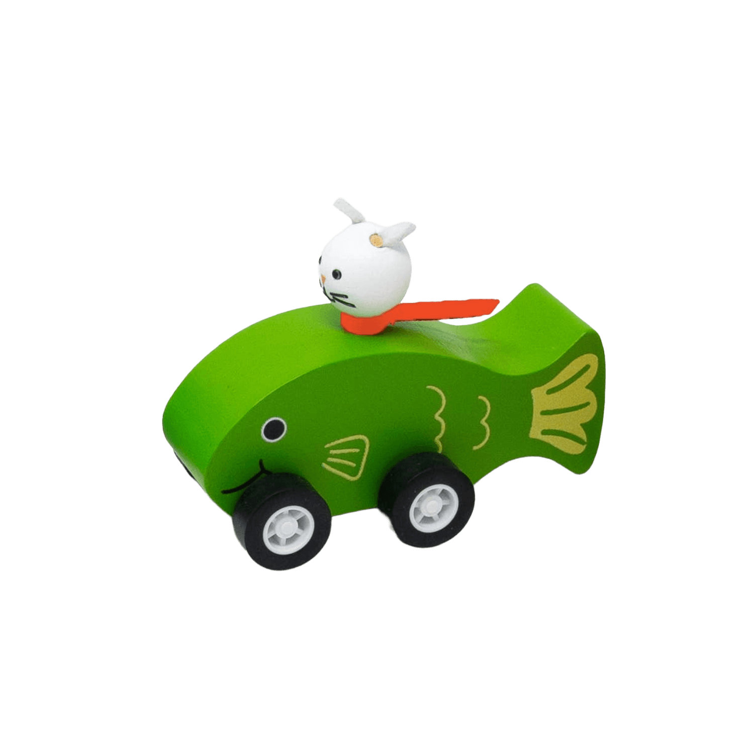 Toy green fish with a white cat on top