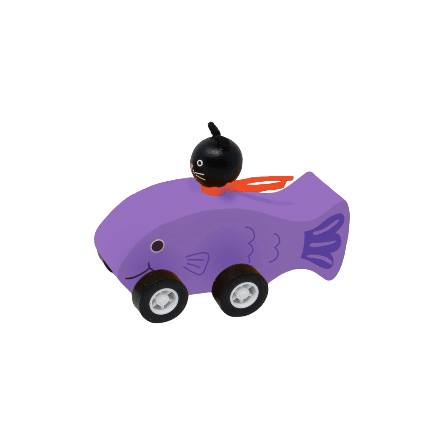 Toy fish purple car with a small black cat.