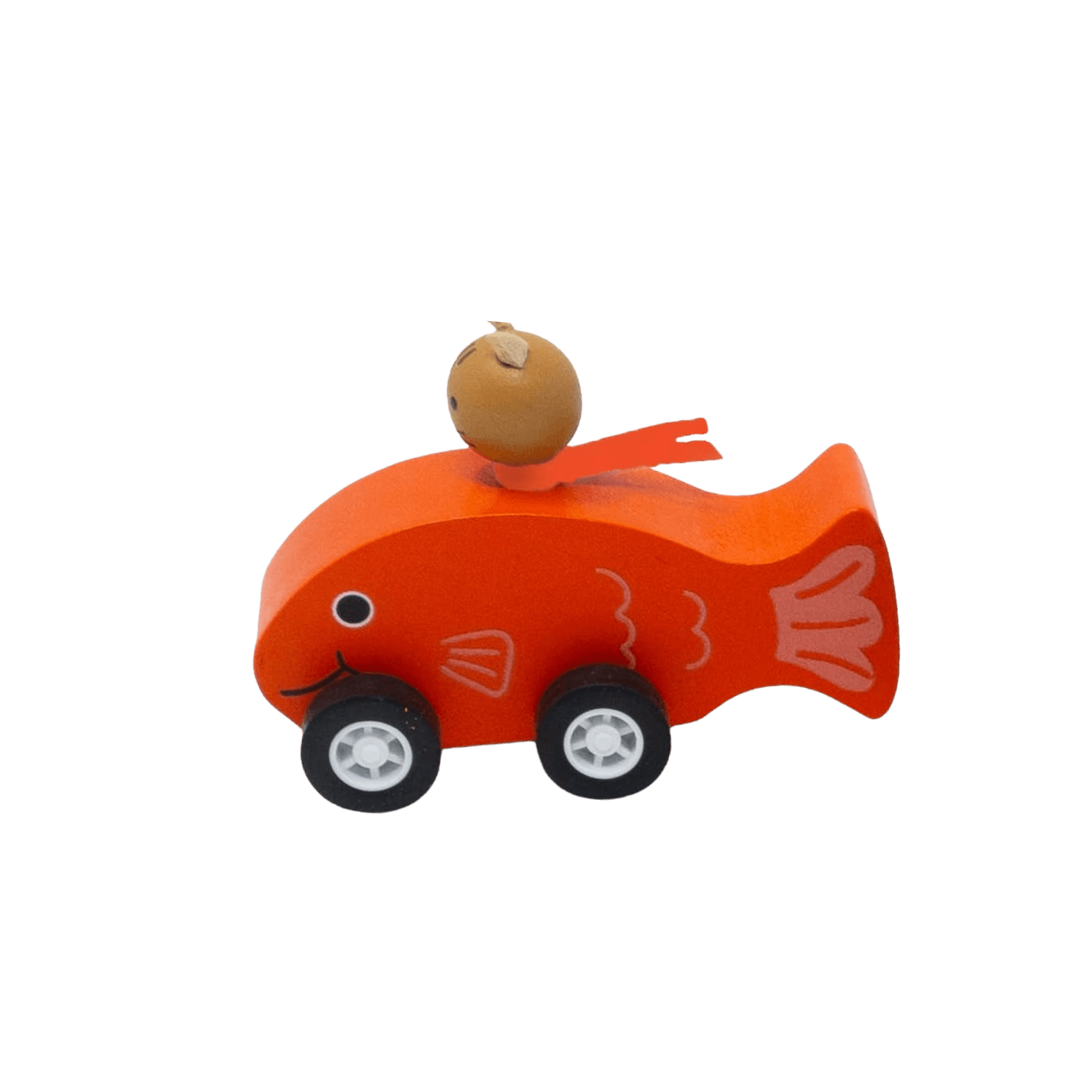 Wooden toy orange fish with a small brown cat on top.