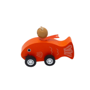 Wooden toy orange fish with a small brown cat on top.