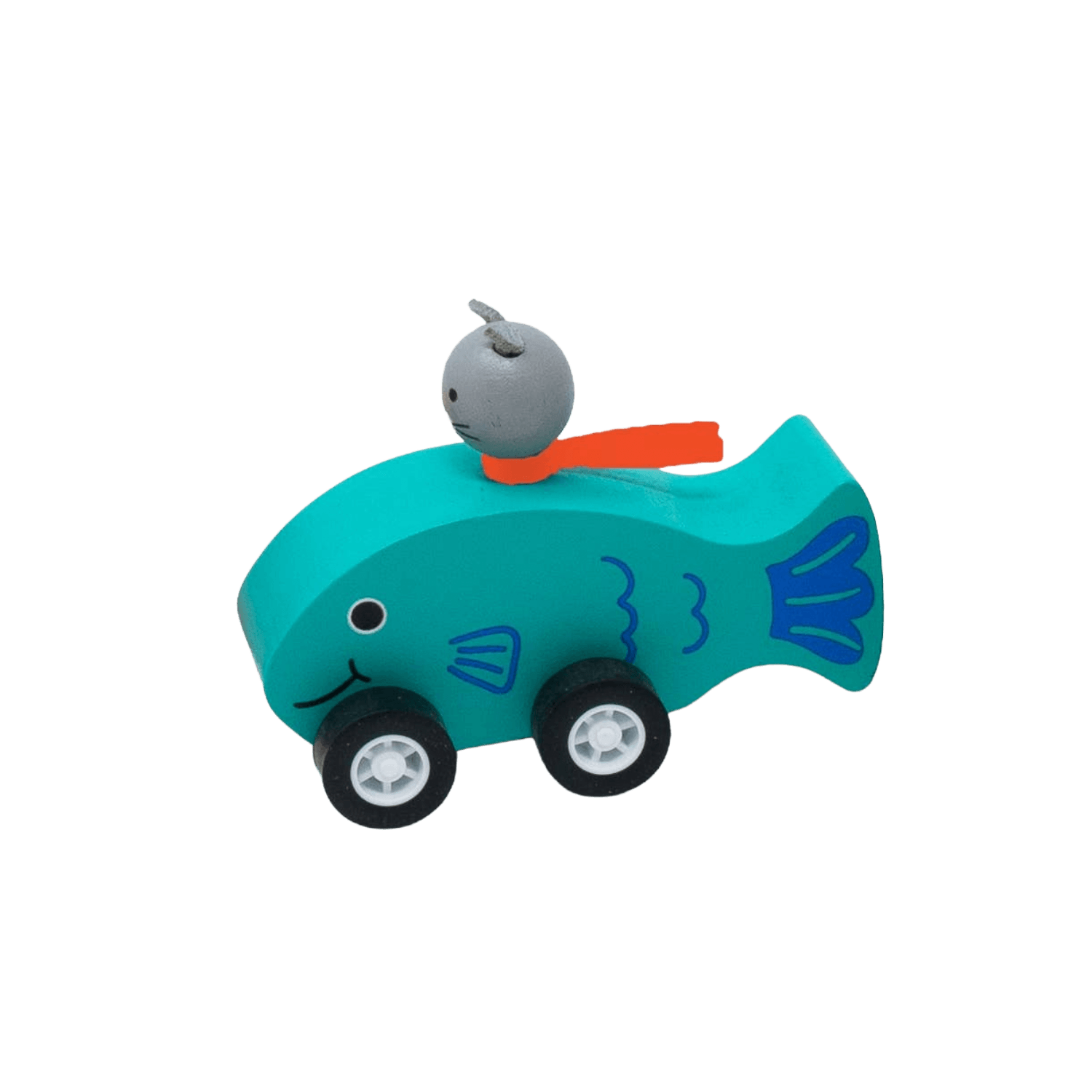 Toy teal fish with a small gray cat figure on top.
