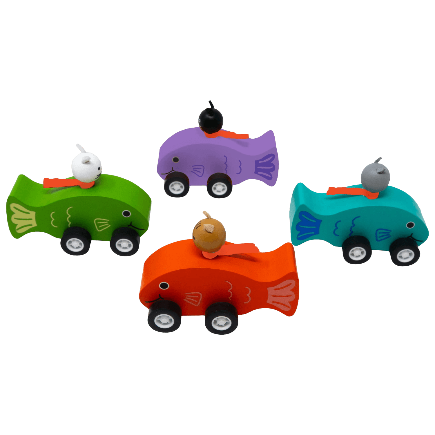 Set of colorful toy fish cars.