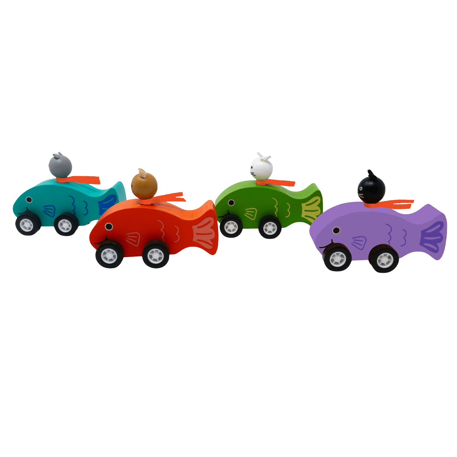 Set of colorful toy fish cars with cat figures.