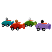 Set of colorful toy fish cars with cat figures.