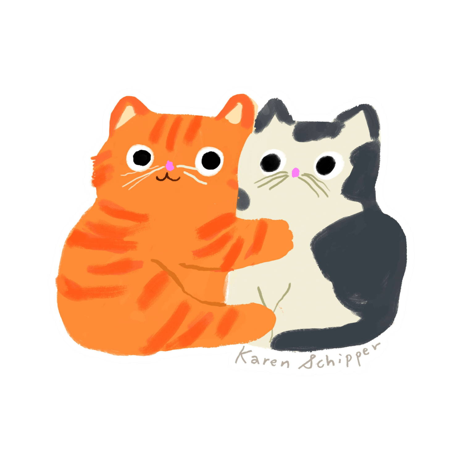 Illustration of two cats, one orange and one black and white, on a black background. Artist: Karen Schipper.