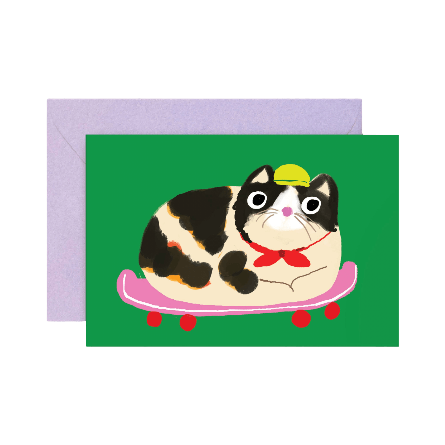 Card with a cat design on a green background, featuring a purple envelope.