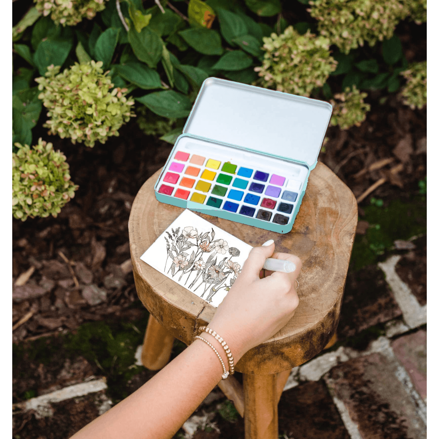 Person painting a floral design with watercolors outdoors on a wooden stool.