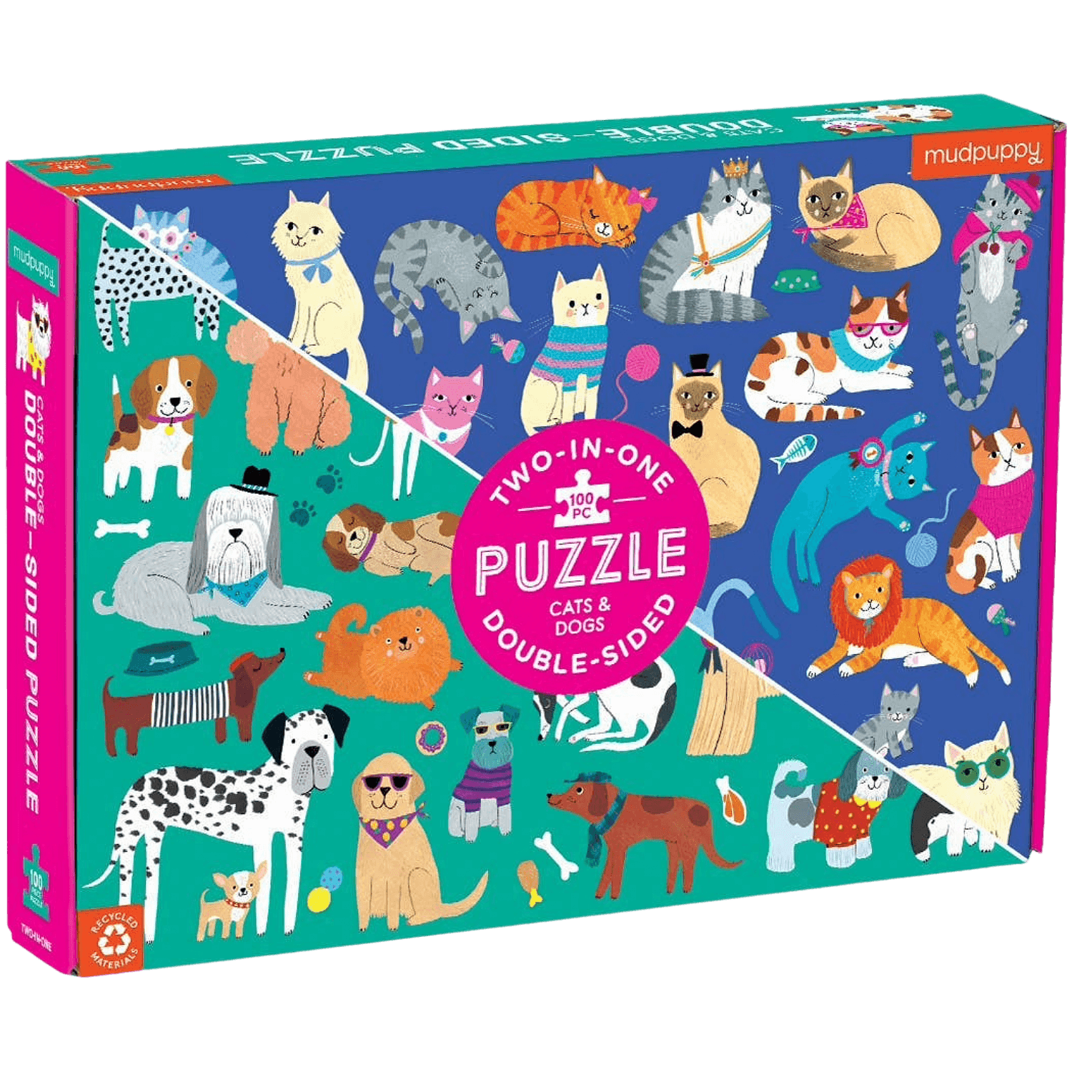 Two-sided puzzle box with illustrations of cats and dogs on a blue and green background