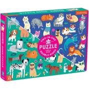 Two-sided puzzle box with illustrations of cats and dogs on a blue and green background