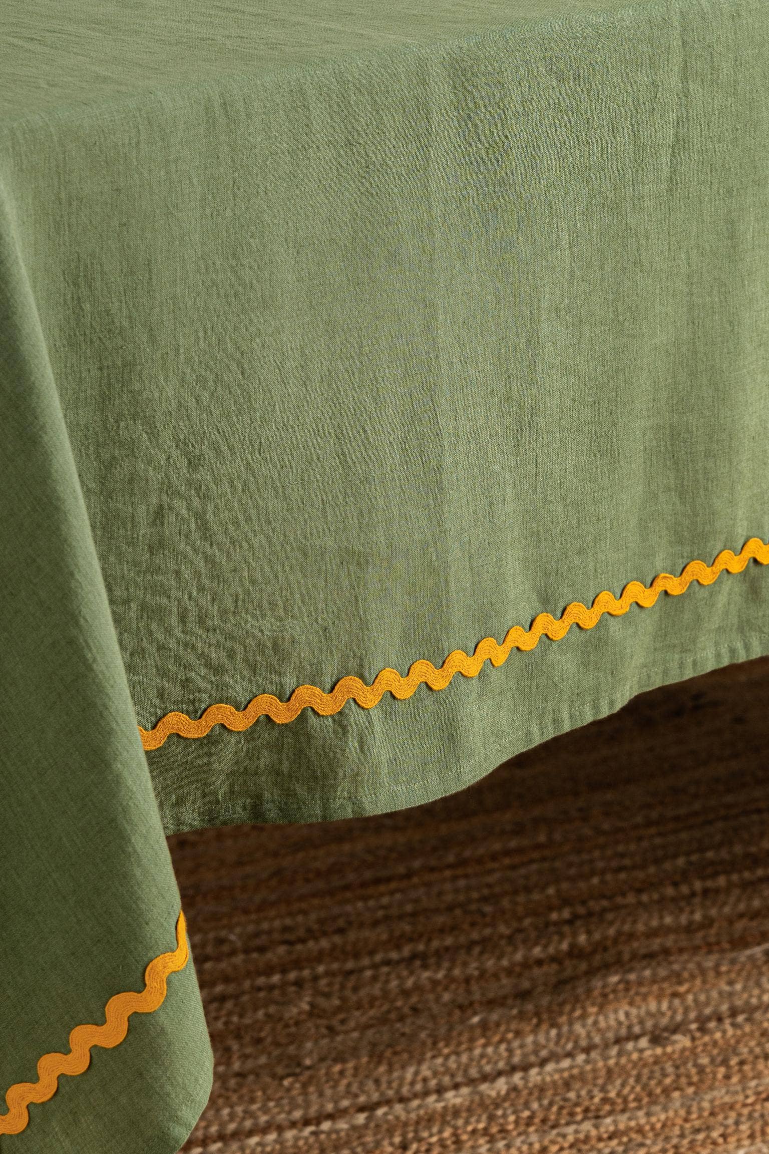 Minimalist Yellow Lace Linen Tablecloth: Aqua Blue or Retro Green