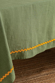 Minimalist Yellow Lace Linen Tablecloth: Aqua Blue or Retro Green