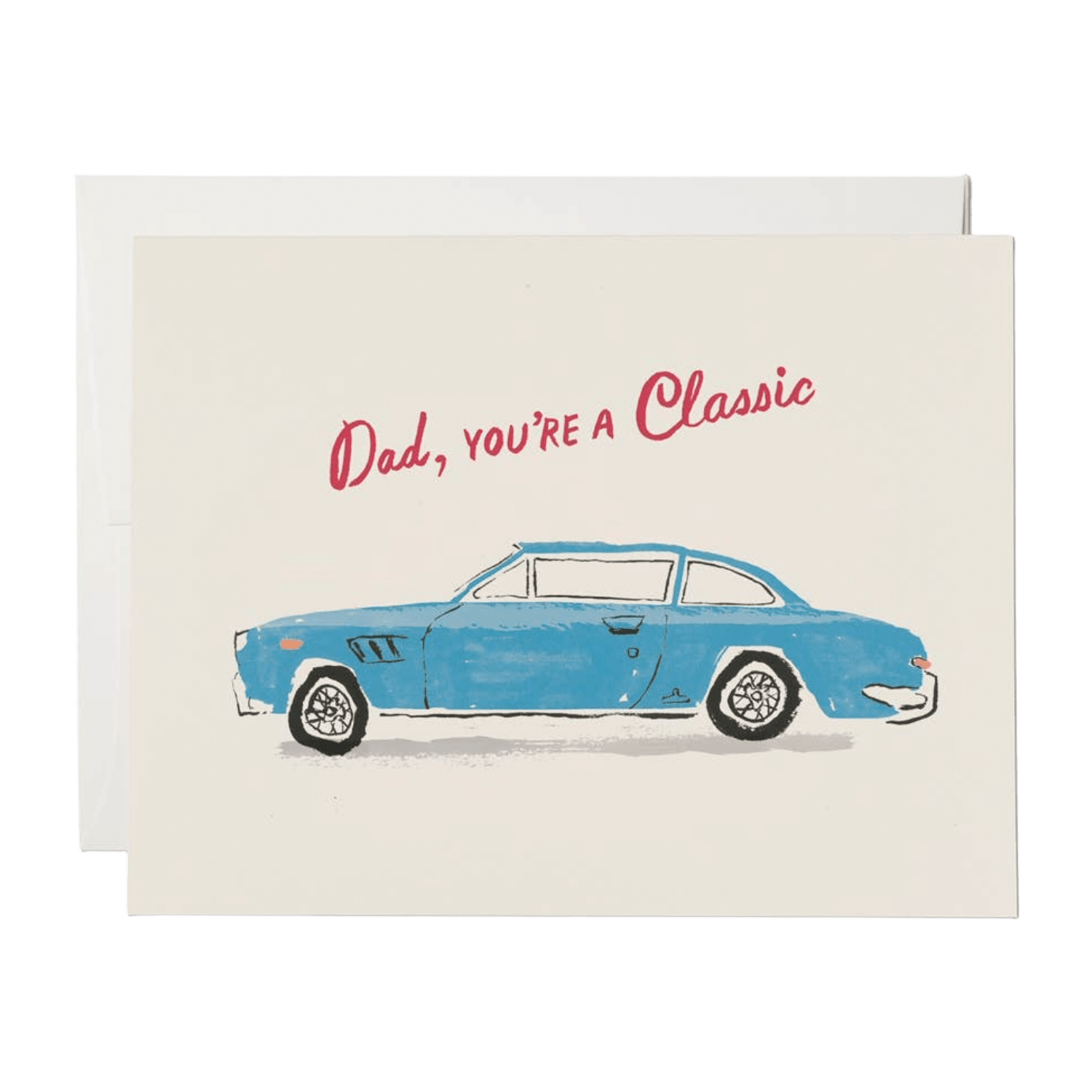 Greeting card with blue car illustration and red 'Dad, you're a classic' text on a white background