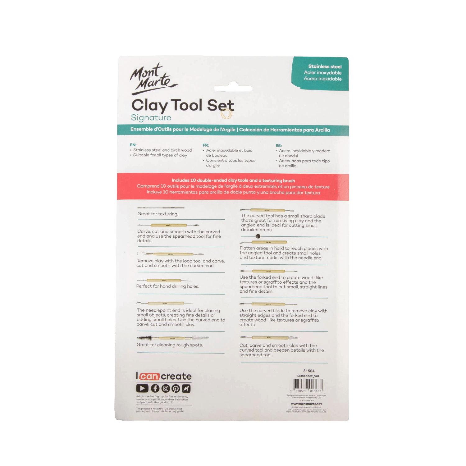 Mont Marte Clay Tool Set back of packaging