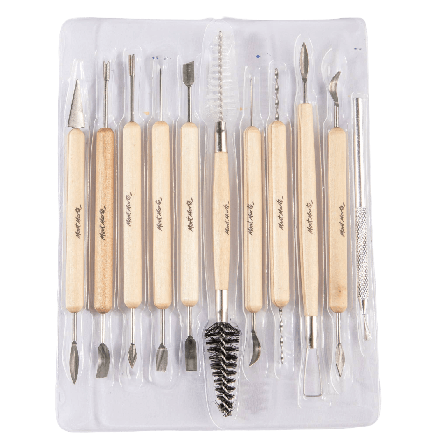 Set of clay tools with wooden handles in clear packaging.