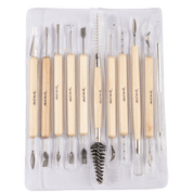 Set of clay tools with wooden handles in clear packaging.