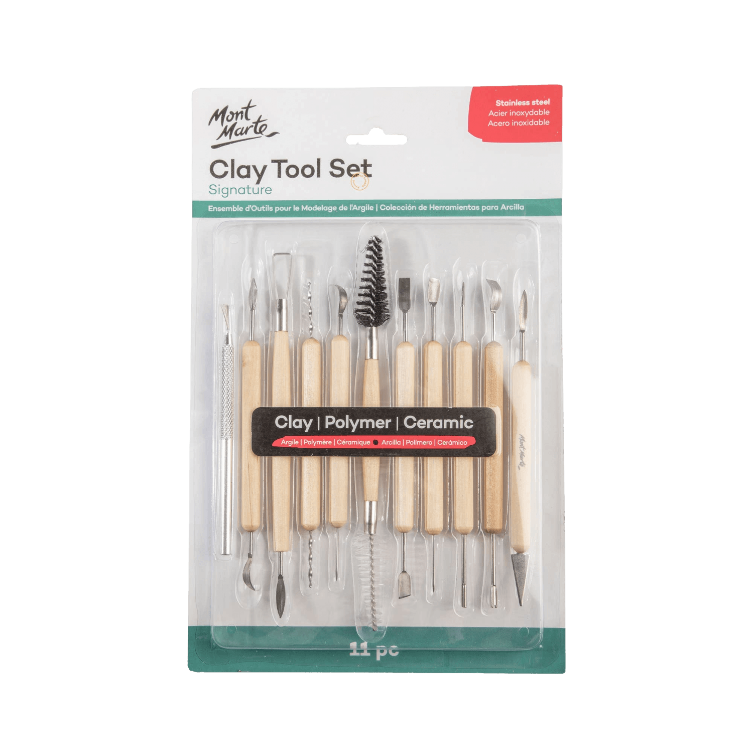 Mont Marte clay tool set packaging with tools inside on a white background