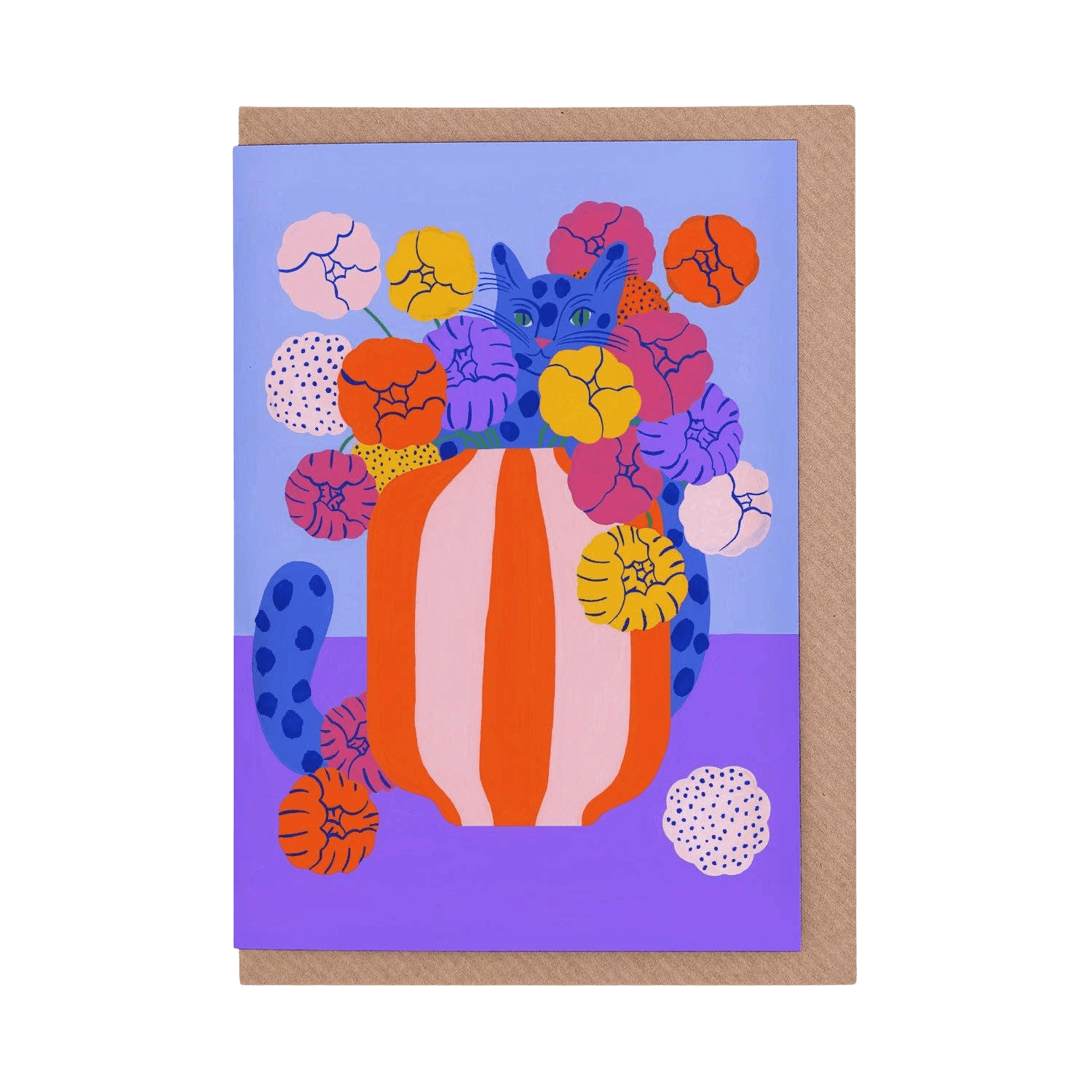 Colorful card with a cat and flowers on a purple background