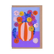 Colorful card with a cat and flowers on a purple background