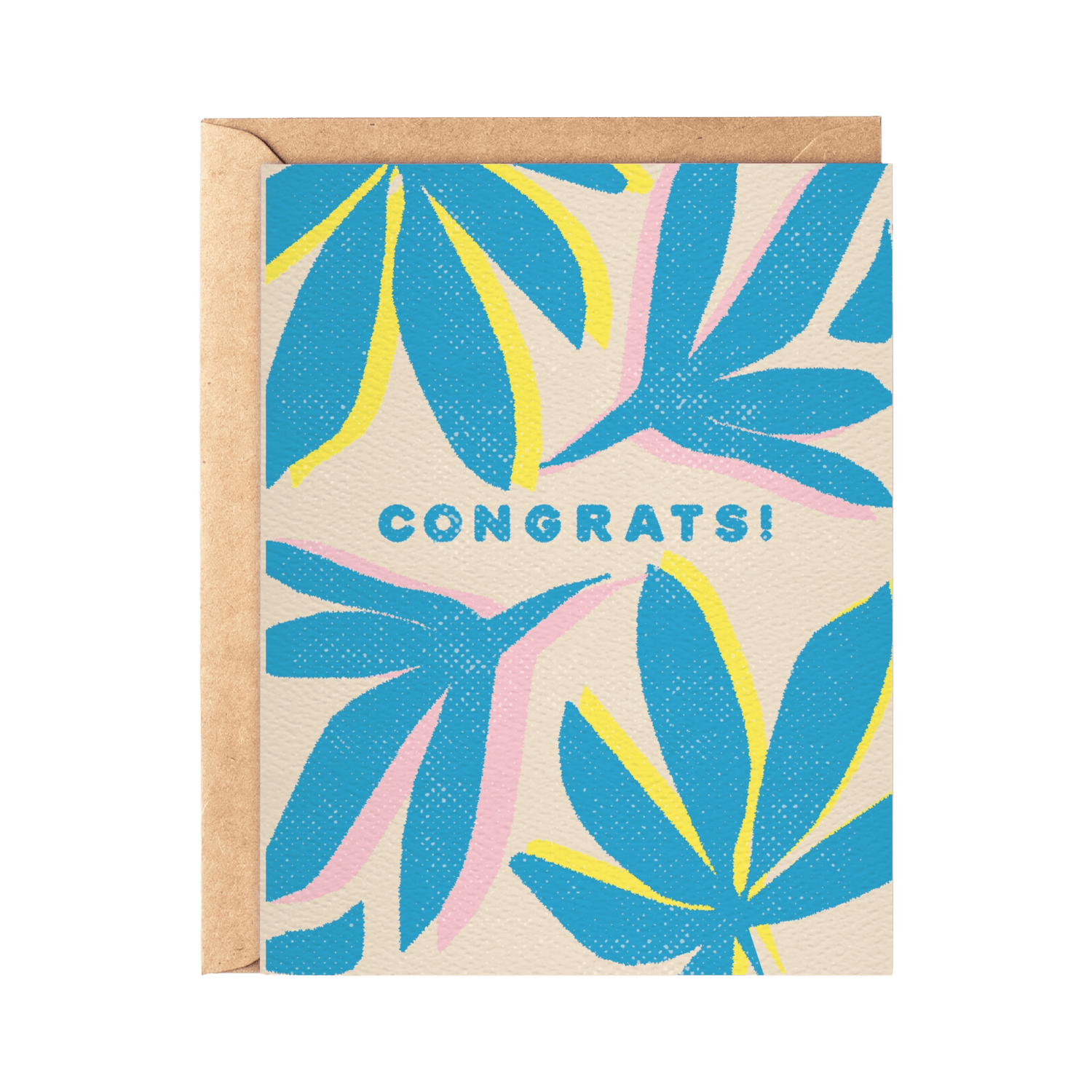 Greeting card with blue and pink leaf pattern and 'Congrats!' text.