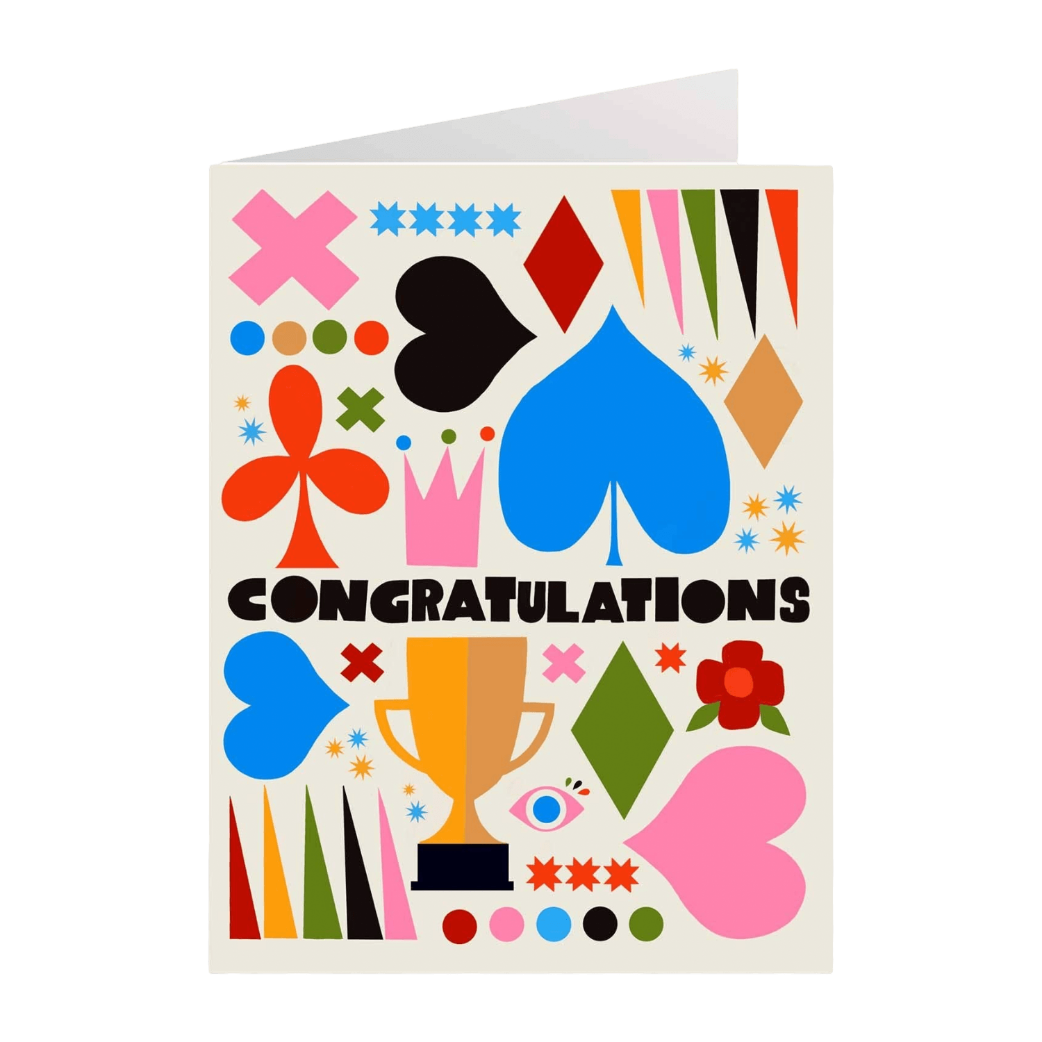 Cream greeting card with colorful symbols and 'Congratulations' text.