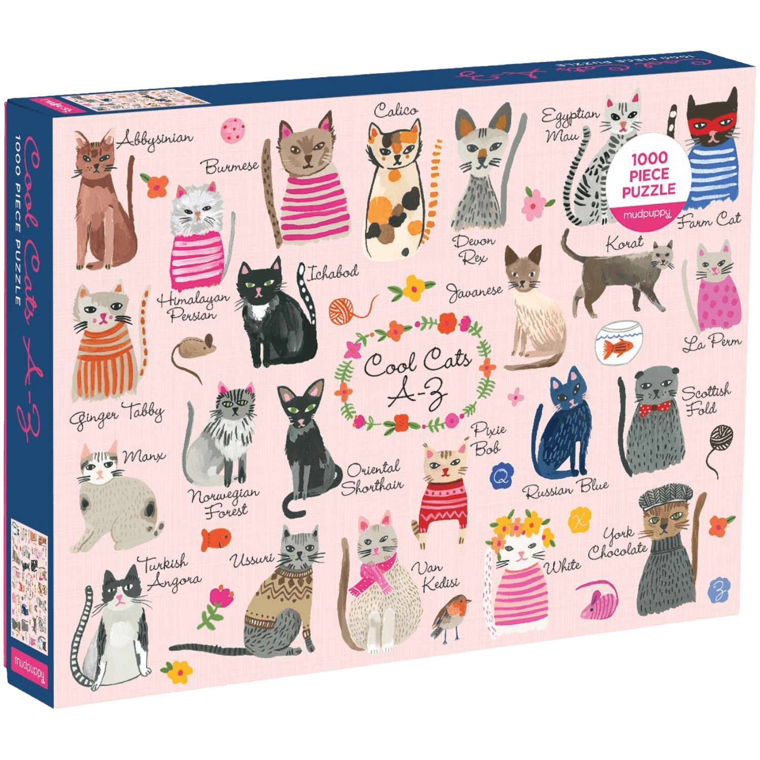 Puzzle box with illustrations of cats and their names on a pink background