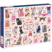 Puzzle box with illustrations of cats and their names on a pink background
