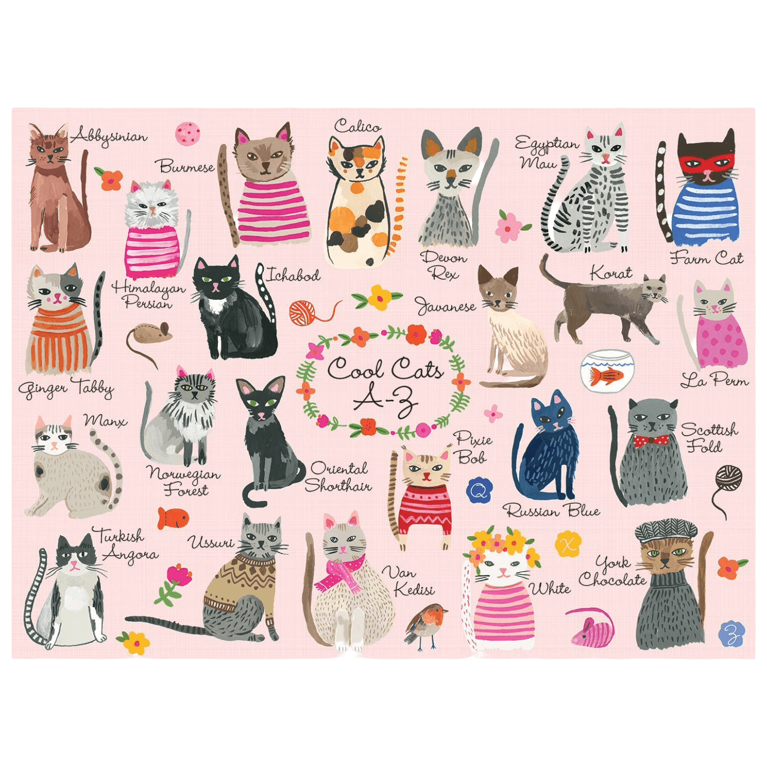 Illustrations of various cat breeds on a pink background