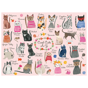 Illustrations of various cat breeds on a pink background
