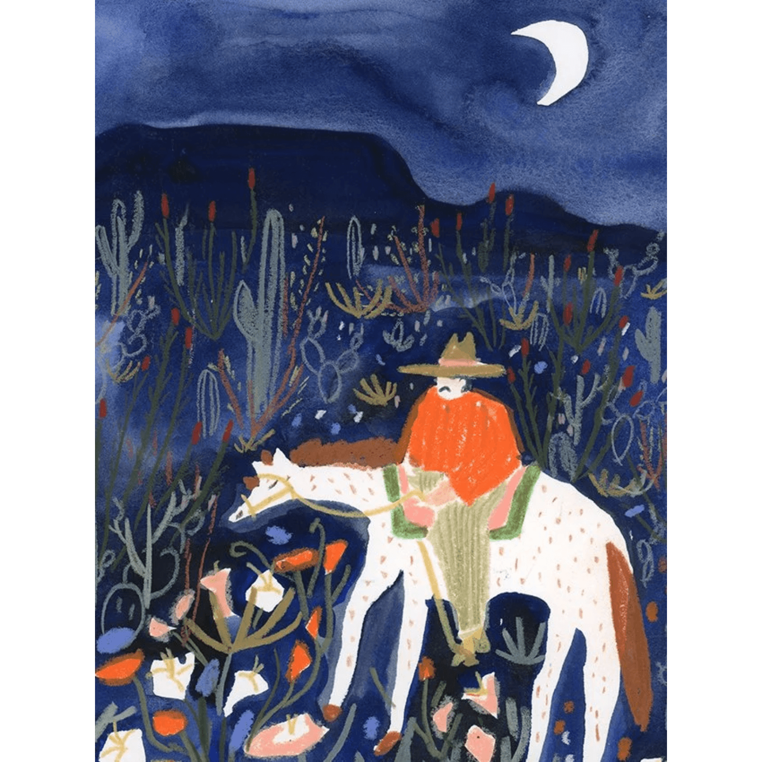 Illustration of a cowboy riding a horse through a desert landscape with succulents and a moonlit sky.