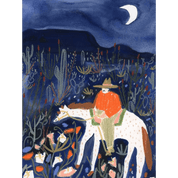 Illustration of a cowboy riding a horse through a desert landscape with succulents and a moonlit sky.